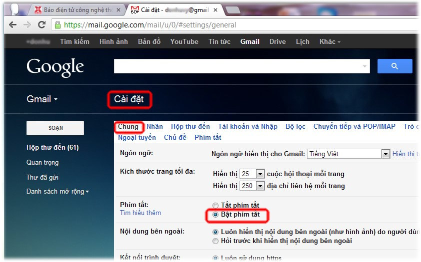 62 phím tắt Gmail